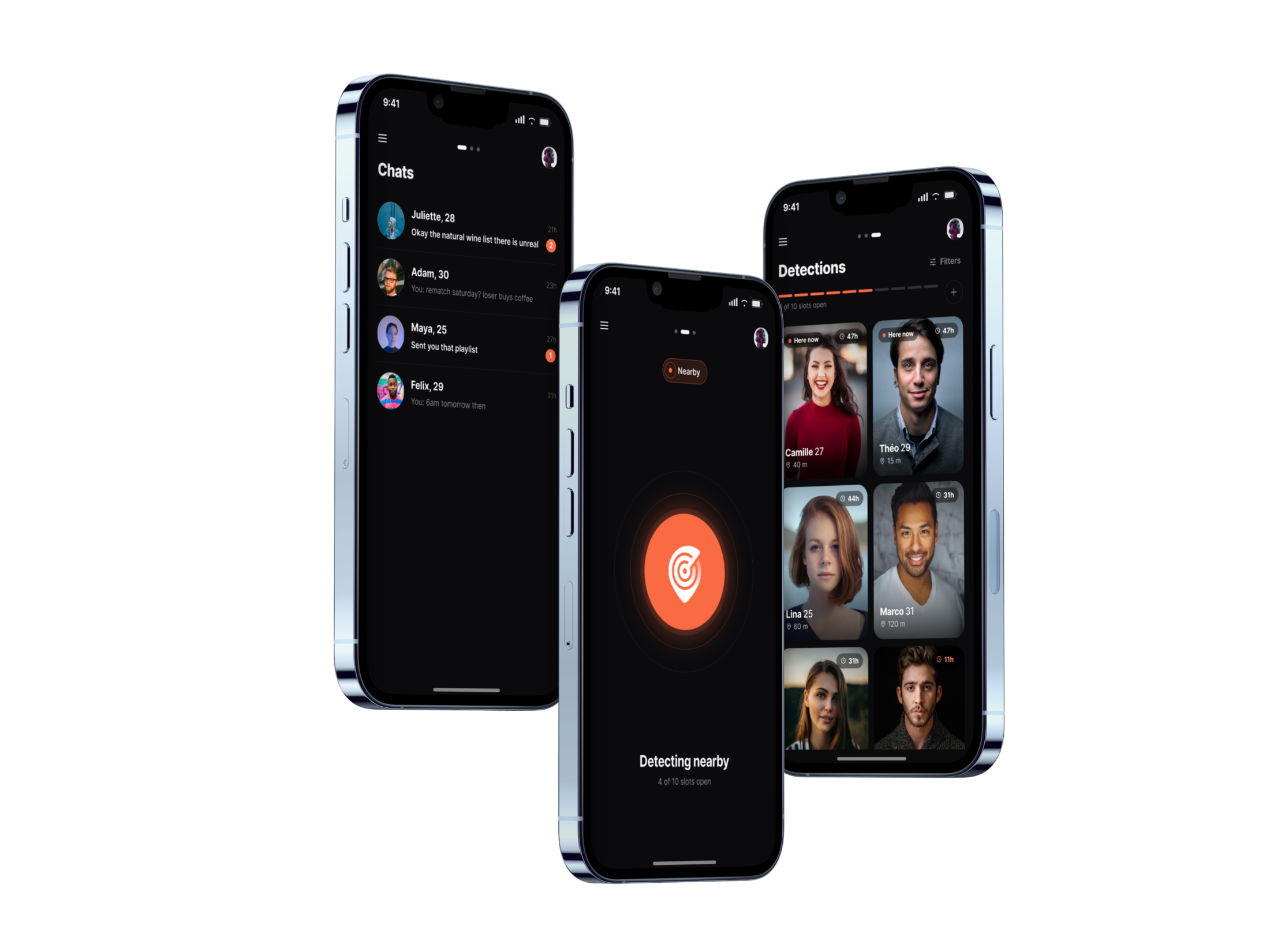 Nearly app — beacon, detections and chats screens